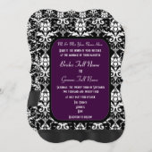 黒と紫と白のダマスクの結婚式 招待状 (正面/裏面)