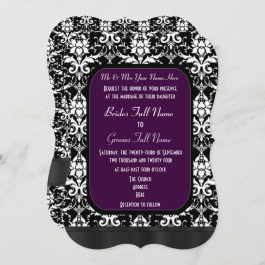 黒と紫と白のダマスクの結婚式 招待状 (正面/裏面)