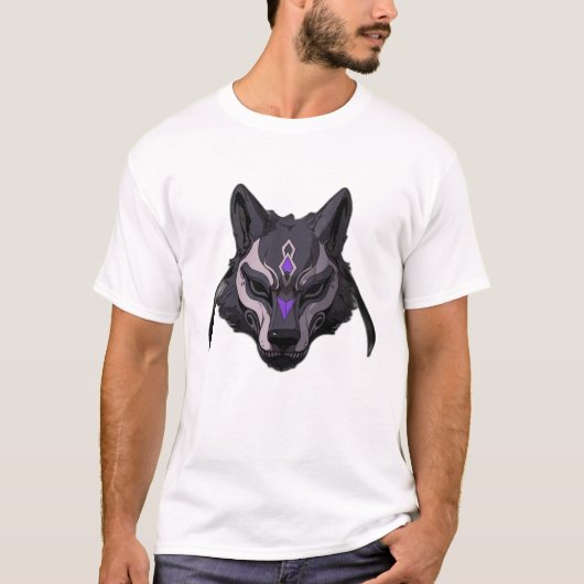 黒と紫のアニメウルフマスク Tシャツ (正面)