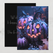 黒と紫のグリッター ハロウィン グリーティング カード (正面/裏面)