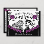 黒と紫のゴシックのスケルトンのバラ救日付 案内ポストカード (正面/裏面)
