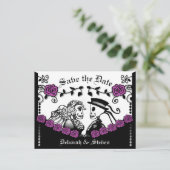 黒と紫のゴシックのスケルトンのバラ救日付 案内ポストカード (スタンド正面)
