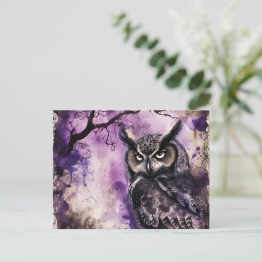 黒と紫のゴシックフクロウのハロウィン シーズンポストカード (スタンド正面)