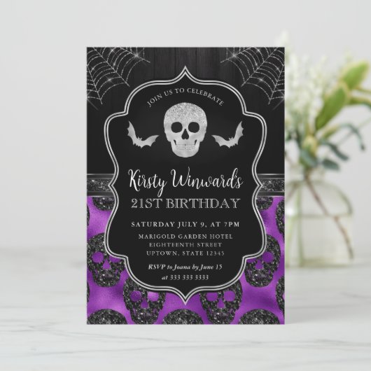 黒と紫のスカルとクモの巣21歳の誕生日 招待状 (スタンド正面)