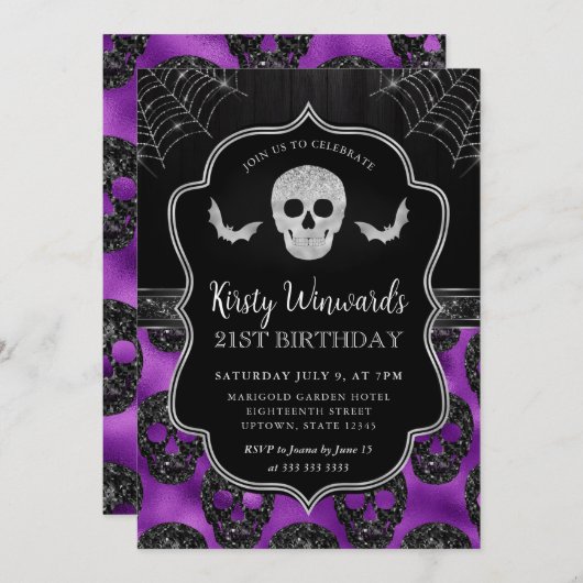 黒と紫のスカルとクモの巣21歳の誕生日 招待状 (正面/裏面)