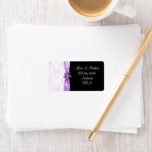 黒と紫のダマスクウェディング住所 シール (インサイチュ)