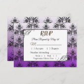 黒と紫のダマスクウェディングRSVPカード 出欠カード (正面/裏面)