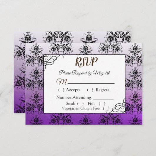 黒と紫のダマスクウェディングRSVPカード 出欠カード (正面/裏面)