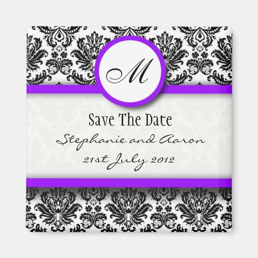 黒と紫のダマスクモノグラム日付を保存 マグネット (正面)