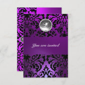 黒と紫のダマスク宝石モノグラムの氷 招待状 (正面/裏面)