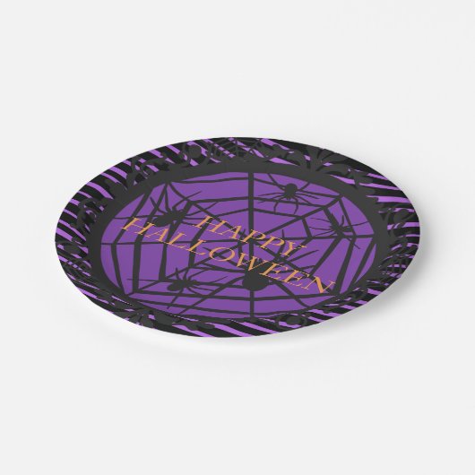 黒と紫のハッピーハローウィン不気味クモ ペーパープレート (アングル)