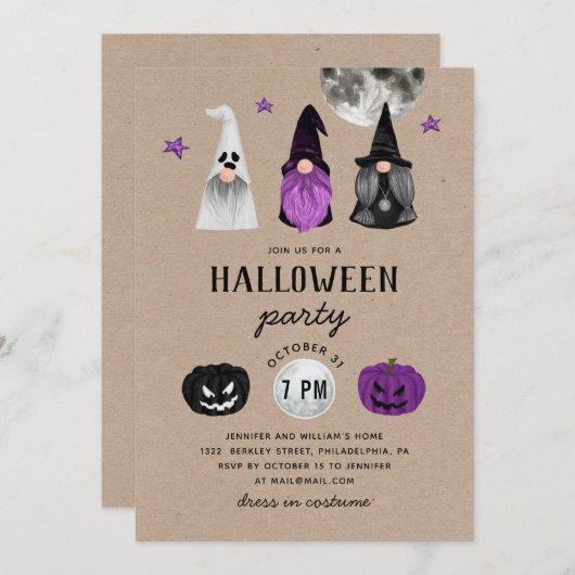 黒と紫のハローウィンパーティ格言とカボチャ 招待状 (正面/裏面)