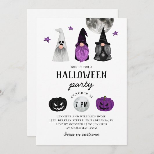 黒と紫のハローウィンパーティ格言とカボチャ 招待状 (正面/裏面)