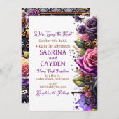 黒と紫のバラステームパンク結婚ゴシック 招待状 (正面/裏面)