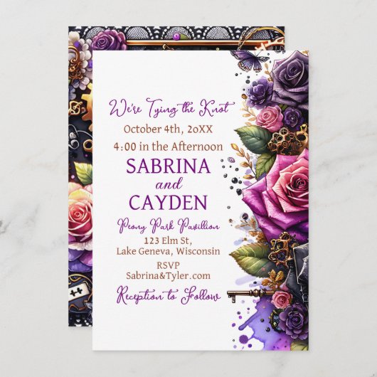 黒と紫のバラステームパンク結婚ゴシック 招待状 (正面/裏面)