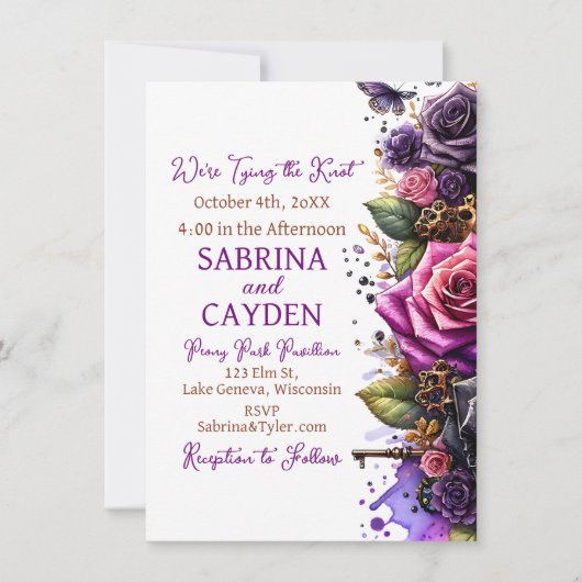 黒と紫のバラステームパンク結婚ゴシック 招待状 (正面)