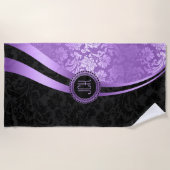 黒と紫のフローラダマスク浴用タオルセット ビーチタオル (正面)