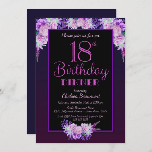 黒と紫のフローラ18誕生日ディナーパーティー 招待状 (正面/裏面)