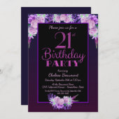 黒と紫のフローラ21歳の誕生日パーティー 招待状 (正面/裏面)