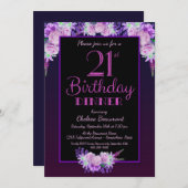 黒と紫のフローラ21st誕生日ディナーパーティー 招待状 (正面/裏面)