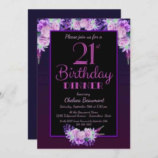 黒と紫のフローラ21st誕生日ディナーパーティー 招待状 (正面/裏面)