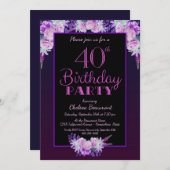 黒と紫のフローラ40th誕生日パーティー 招待状 (正面/裏面)