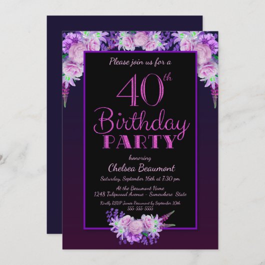 黒と紫のフローラ40th誕生日パーティー 招待状 (正面/裏面)