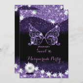 黒と紫のマスカレード スイート16 グリッター 招待状 (正面/裏面)