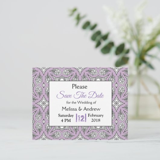 黒と紫のマンダラウェディング日付を保存 案内ポストカード (スタンド正面)