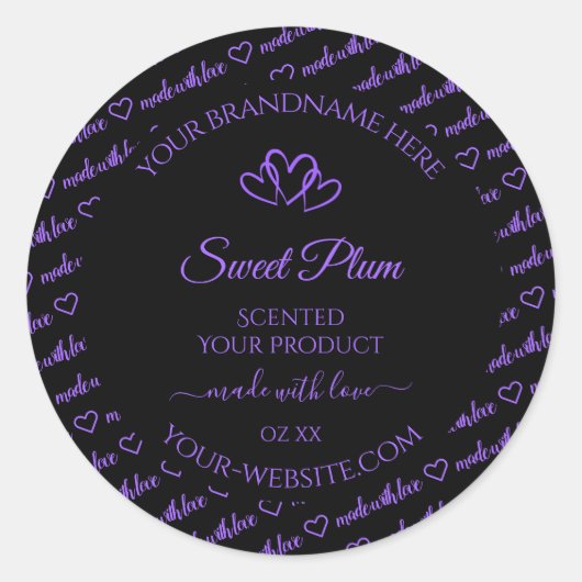 黒と紫のワード クラウド製品ラベル ハート ラウンドシール (正面)