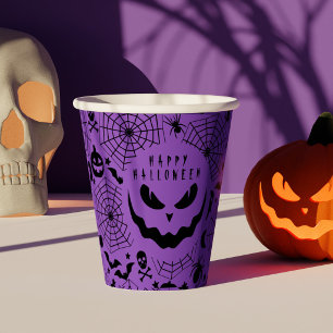 黒と紫の不気味なカボチャの顔 ハッピーハロウィン 紙コップ