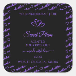 黒と紫の単語クラウド製品ラベルのハート スクエアシール