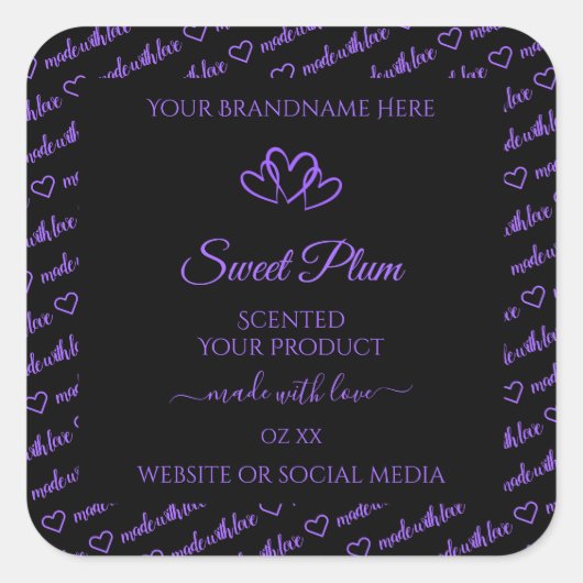 黒と紫の単語クラウド製品ラベルのハート スクエアシール (正面)