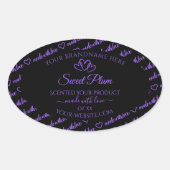 黒と紫の単語クラウド製品ラベルのハート 楕円形シール (正面)