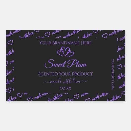 黒と紫の単語クラウド製品ラベルのハート 長方形シール (正面)