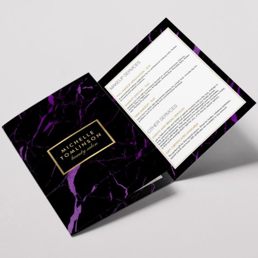 黒と紫の大理石サロンまたは製品パンフレット 三つ折りカード