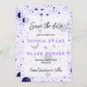 黒と紫の天の結婚式の日付を保存 招待状 (正面/裏面)