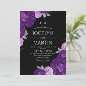 黒と紫の幻想的な花のウェディング 招待状 (スタンド正面)