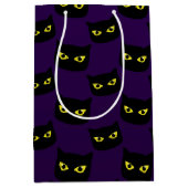 黒と紫の猫の黄色の目ハロウィンパターン ミディアムペーパーバッグ (正面)