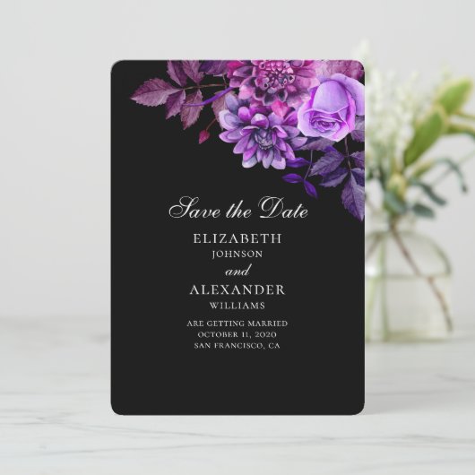 黒と紫の花日付を保存する 招待状 (スタンド正面)