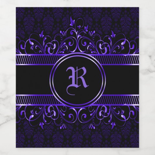 黒と紫の華麗なゴシック様式のモノグラム ワインラベル (シングルラベル)