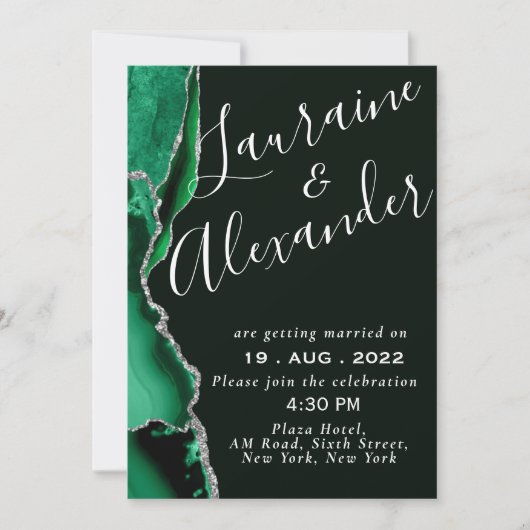 黒と緑のエメラルドグリッターアゲート大理石 招待状 (正面)