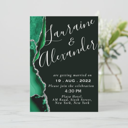 黒と緑のエメラルドグリッターアゲート大理石 招待状 (スタンド正面)