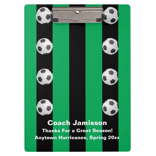 黒と緑のストライプ、サッカーコーチに感謝 クリップボード (正面)