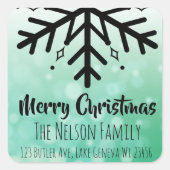 黒と緑のスノーフレークのクリパーソナライズされたスマス スクエアシール (正面)