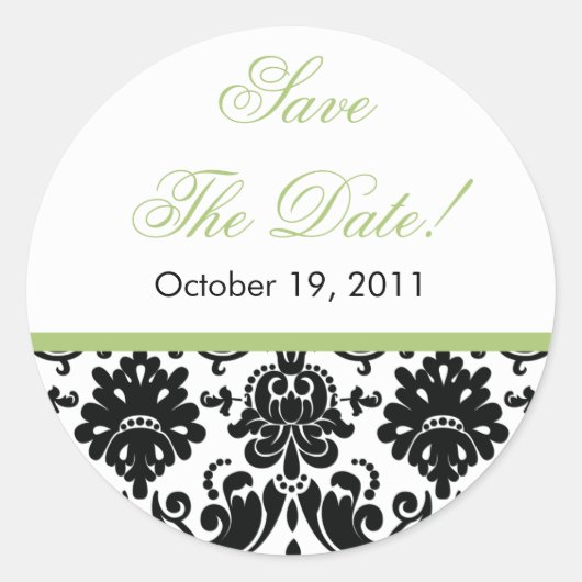 黒と緑のダマスク日付のステッ結婚カーを保存 ラウンドシール (正面)