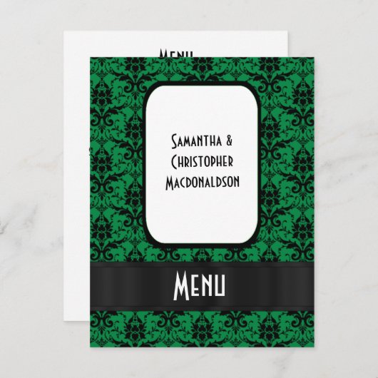 黒と緑のダマスク織のフォーマルな結婚式のメニュー 招待状 (正面/裏面)