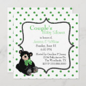 黒と緑のテディベア夫婦のベビーシャワー 招待状 (正面/裏面)