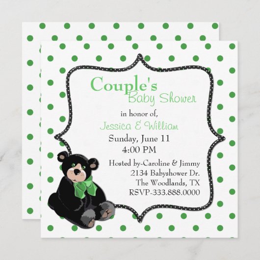 黒と緑のテディベア夫婦のベビーシャワー 招待状 (正面/裏面)
