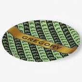 黒と緑のポンドシンボルや象徴(£)パタストライプのーン ペーパープレート (アングル)